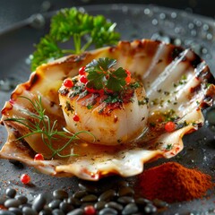 Baked Scallop in Scallops Shell, Gourmet Seafood Exquisitely Served on Sea Pebbles Closeup