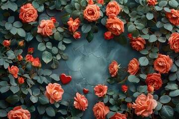 Romantic Valentine's Day Roses with Red Hearts for Greeting Card or Poster Design