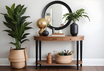 A modern entryway with a round mirror, a wooden console table with a lamp and decorative objects , and potted plants