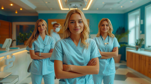 Healthcare people. Professional doctor working in hospital office or clinic with other doctors, nurse and surgeon. Medical technology concept