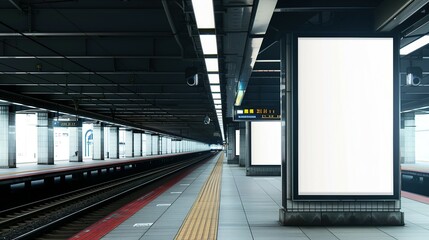 Obraz premium Train platform with blank space board. A Blank Advertising Board for Eye-Catching Displays on Train Platforms