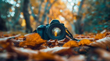 Close-up of a camera placed among autumn leaves with a blurred background. - Powered by Adobe