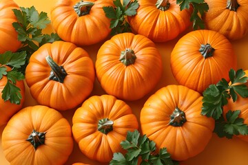 Autumn Harvest Pumpkins with Fresh Green Leaves for Thanksgiving Decor and Seasonal Design