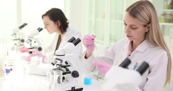 Assistant drips blue reagent in Petri dish with colleague