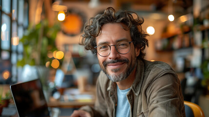 A person with curly hair is focused on their laptop in a cafe. Surrounded by plants and warm lighting, they embody the modern remote work lifestyle.