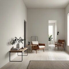 Modern Living Room Interior Design with White Walls and Wooden Floors.