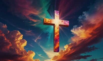 Jesus cross symbol on colorful clouds background. Generative AI colorful clouds background with Christian cross in the middle. Christian religion Cross on spiritual background