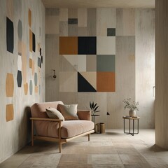 Modern Interior Design with Geometric Tile Wall and Sofa.