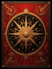 Obraz premium A red and black book cover with an ornate golden design of an antique compass rose in the style of a fantasy illustration