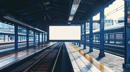Obraz premium Train platform with blank space board. A Blank Advertising Board for Eye-Catching Displays on Train Platforms