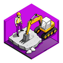 Illustration of Backhoe Digging at Construction Site: Engineer and Worker Collaborating - Work Together Concept, Cartoon Vector AI Generative