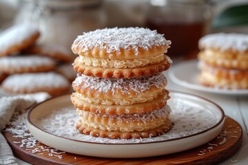 Argentina: Alfajores Two soft cookies sandwiching a layer of dulce de leche, edges rolled in shredded coconut, and a dusting of powdered sugar on top. 