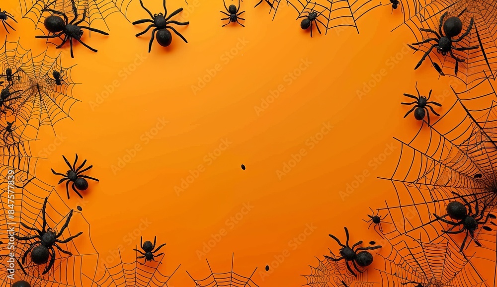 Sticker halloween background with spider web and cobwebs on orange with background design