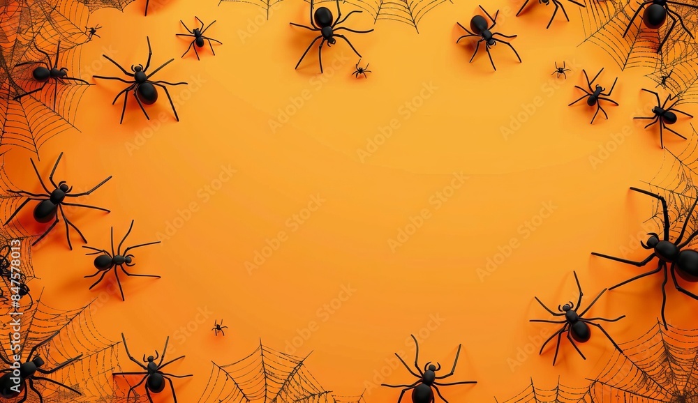 Wall mural halloween background with spider web and cobwebs on orange with background design