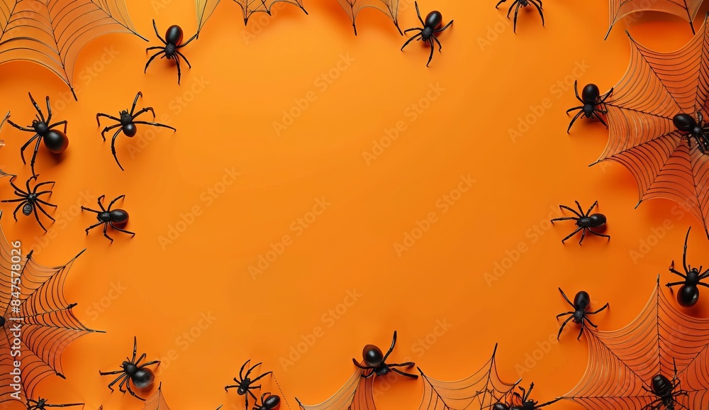 Wall mural halloween background with spider web and cobwebs on orange with background design
