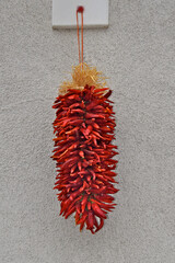 Ristra of red New Mexico chiles against whitewashed wall an iconic symbol of New Mexico 