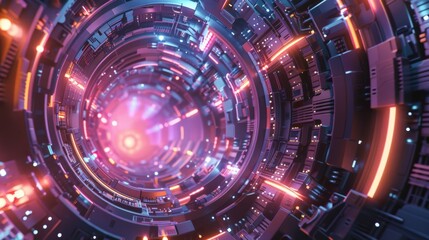 Obraz premium Futuristic abstract technology tunnel with glowing lights and intricate circuitry, showcasing a vibrant digital landscape in purple and blue hues.
