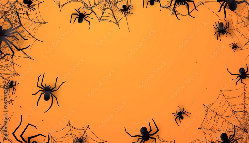Wall mural halloween background with spider web and cobwebs on orange with background design