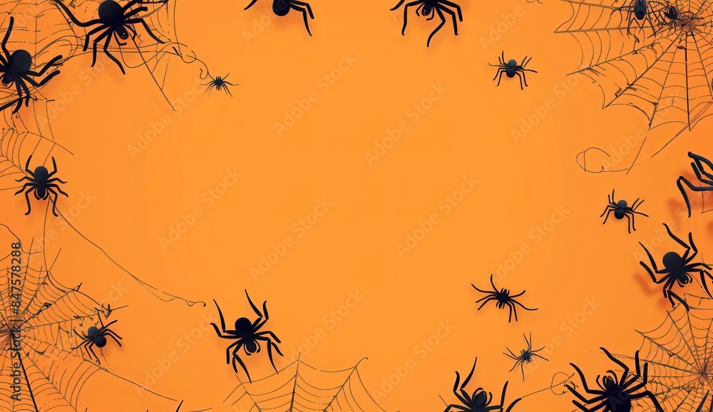 Sticker halloween background with spider web and cobwebs on orange with background design