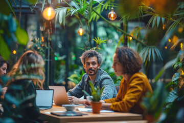Diverse team collaborates in a lush, plant-filled modern office space