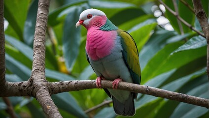 A pink-headed fruit dove landed on a leafy tree branch