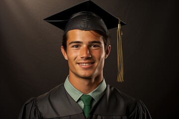 A man wearing a black graduation cap and gown is smiling for the camera