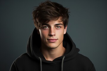 Fototapeta premium A young man with brown hair and a black hoodie is smiling for the camera
