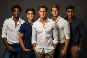 A group of young men are posing for a photo, all wearing white shirts and jeans