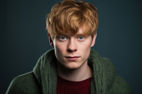 A young man with red hair and blue eyes is wearing a green hoodie