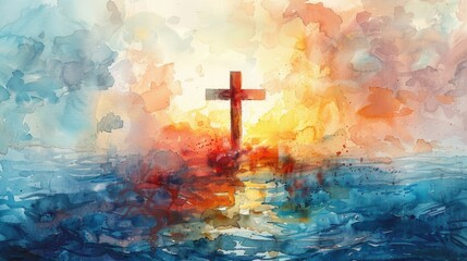 Watercolor depiction of the Christian cross floating in a serene ocean landscape with soft flowing colors symbolizing the themes of peace sacrifice and divine redemption