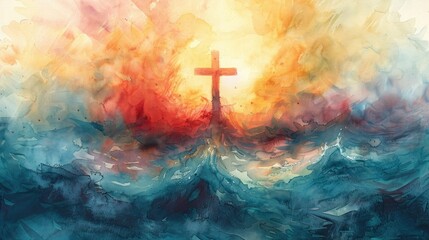Ethereal Watercolor Depiction of the Cross Amid Flowing Waves and Vibrant Skies   A Symbolic Representation of Sacrifice Faith and the Divine Intertwined with Nature s Majestic Seascape