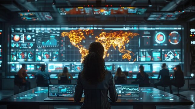 High-Tech Command Center with Diverse Team Analyzing Global Data on Multiple Screens in a Modern Control Room