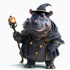 3D style Hippopotamus wizard cartoon character wearing magic robe and magic hat. Realistic Hippopotamus magician.