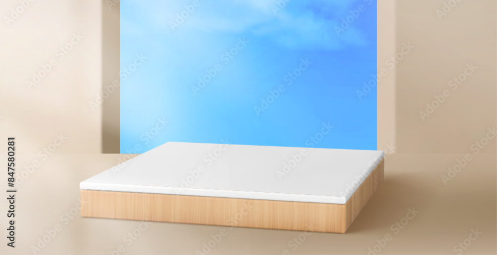 Wall mural wooden product podium in studio room interior with beige floor and wall, window hole with blue sky a