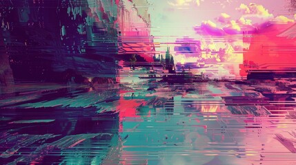 Glitched digital artifacts corrupted landscapes abstract background