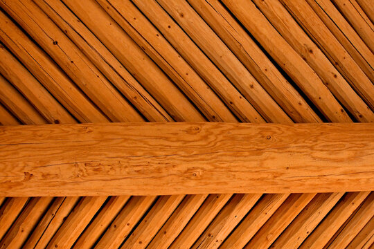 Hand hewn Latillas are laid diagonally on Vigas to create distinctive roof in the Pueblo Architectural Style, Albuquerque, New Mexico 