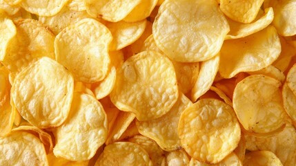 Top view of crispy potato chips on snack background, perfect for a tempting flat lay display