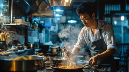 Asian Chef stirring food in a pan