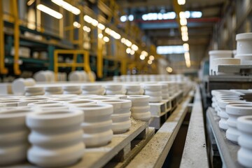 Fototapeta premium Ceramic electrical insulators in the warehouse of the manufacturer's factory. High voltage equipment for power plants.