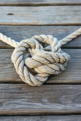 Fototapeta premium A knot of nautical rope on the wooden deck of a ship. An old mooring rope is tangled into a secure knot.