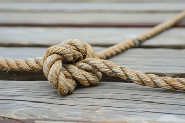 Fototapeta premium A knot of nautical rope on the wooden deck of a ship. An old mooring rope is tangled into a secure knot.