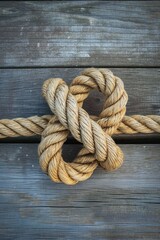 Obraz premium A knot of nautical rope on the wooden deck of a ship. An old mooring rope is tangled into a secure knot.