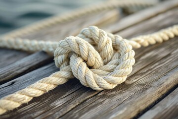Fototapeta premium A knot of nautical rope on the wooden deck of a ship. An old mooring rope is tangled into a secure knot.