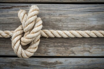 Fototapeta premium A knot of nautical rope on the wooden deck of a ship. An old mooring rope is tangled into a secure knot.