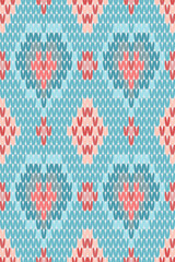 Knitted geometric abstract oriental seamless pattern. Winter knitwear heart shape design for fabric, cross stitch, needlework, background, illustration, decoration