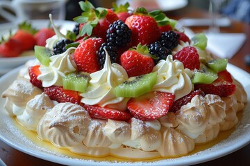 New Zealand: Pavlova A meringue-based dessert topped with whipped cream and fresh fruits like kiwi, strawberries, and passionfruit.