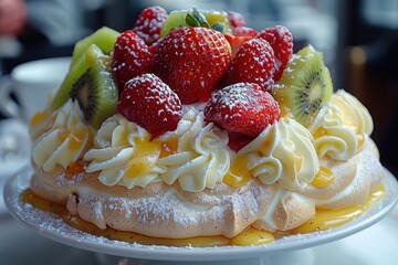 New Zealand: Pavlova A meringue-based dessert topped with whipped cream and fresh fruits like kiwi, strawberries, and passionfruit.