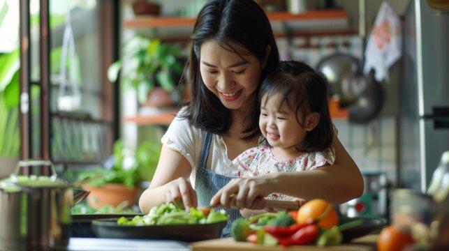 A mother and daughter prepare food together