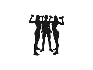 Set of bodybuilders vector silhouettes. Muscular people. Silhouette of a girl with a dumbbell icon. Healthy lifestyle. Set of vector silhouette illustrations design isolated on white background.