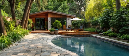 Garden, shed, inground pool, wooden deck, and stone patio in backyard